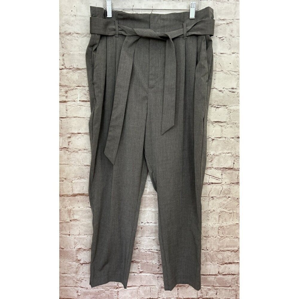 H&M Womens Pant Paper Bag High Waist Ankle Tie Waist Belt Gray Woven Size 14 NEW